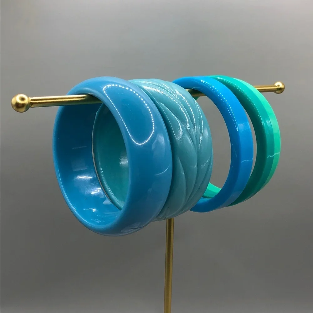 Bundle lot 5 vintage 90's acrylic resin bangle bracelets blue green layer stack